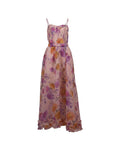 NAAMA ATHENS pink floral print maxi dress with sweetheart neckline, spaghetti straps, and ruffled hemline.