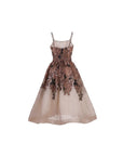 NAAMA ATHENS floral organza midi dress with sweetheart neckline, spaghetti straps, and tie-waist in a beige tone.