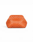 NAAMA ATHENS minimalist orange woven leather clutch bag with a structured frame closure for evening or casual wear.