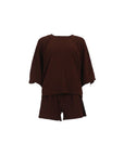 NAAMA ATHENS chocolate brown ribbed two-piece set with kimono-style sleeves and matching shorts for loungewear.