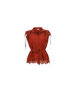 NAAMA ATHENS rust sleeveless button-down blouse with lace hem, collared neckline, and adjustable tie-waist belt.