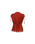 NAAMA ATHENS rust sleeveless button-down blouse with lace hem, tie-waist belt, and shoulder tie-string details.