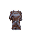 NAAMA ATHENS chocolate brown and blue striped lounge set with short-sleeved boxy top and drawstring shorts.