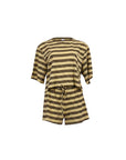 NAAMA ATHENS mustard yellow and dark brown striped lounge set with short sleeve top and drawstring shorts.