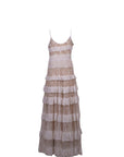 NAAMA ATHENS tiered lace maxi dress in neutral beige with spaghetti straps, V-neckline, and ruffled skirt panels.