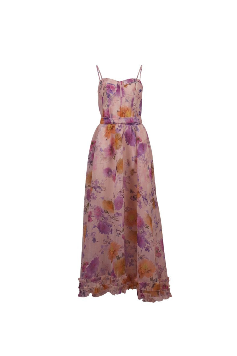 NAAMA ATHENS pink floral print maxi dress with sweetheart neckline, spaghetti straps, and ruffled hemline.