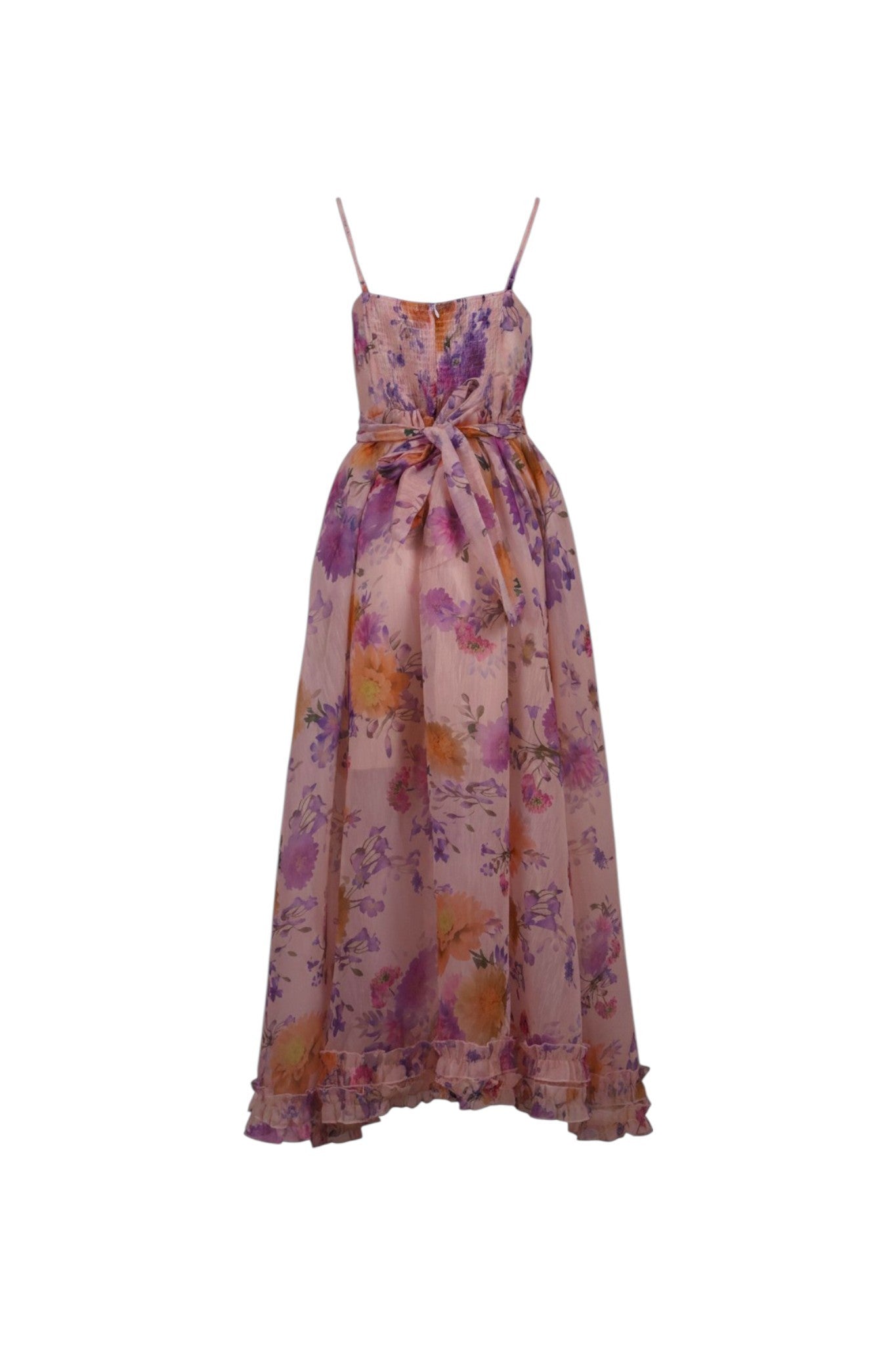 NAAMA ATHENS pink floral maxi dress with sweetheart neckline, spaghetti straps, and tie-waist belt.
