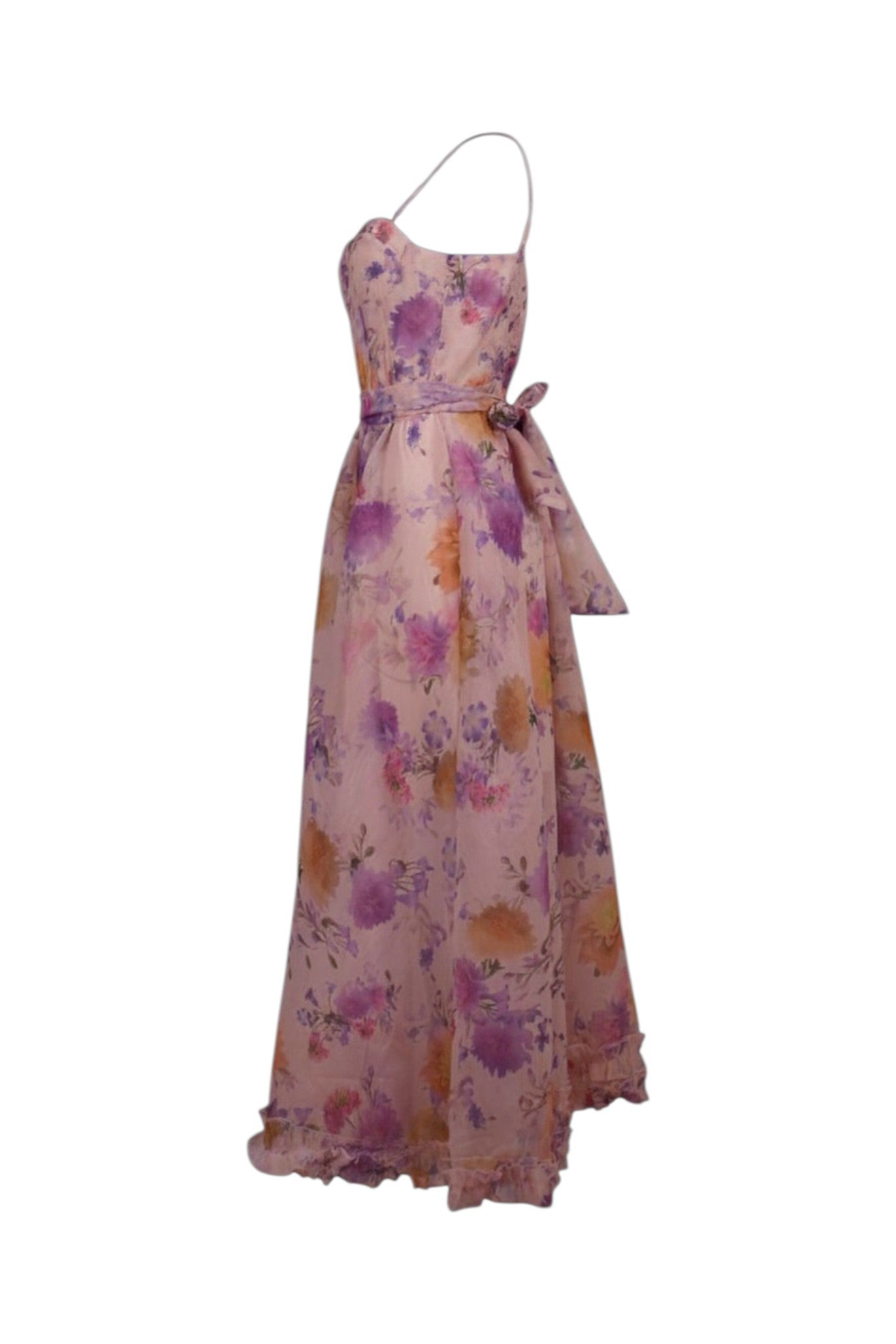 NAAMA ATHENS pink floral print maxi dress with sweetheart neckline, spaghetti straps, and tie-waist belt.
