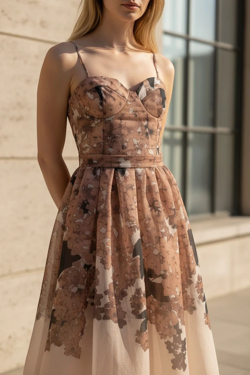NAAMA ATHENS floral organza midi dress with sweetheart neckline, spaghetti straps, and tie-waist for special occasions.