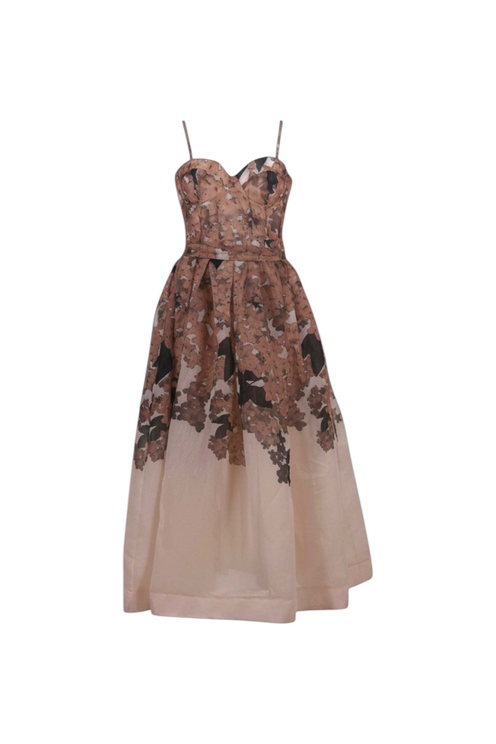 NAAMA ATHENS floral organza midi dress with sweetheart neckline, spaghetti straps, and A-line skirt for special events.