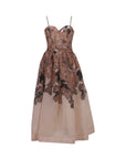NAAMA ATHENS floral organza midi dress with sweetheart neckline, spaghetti straps, and A-line skirt for special events.