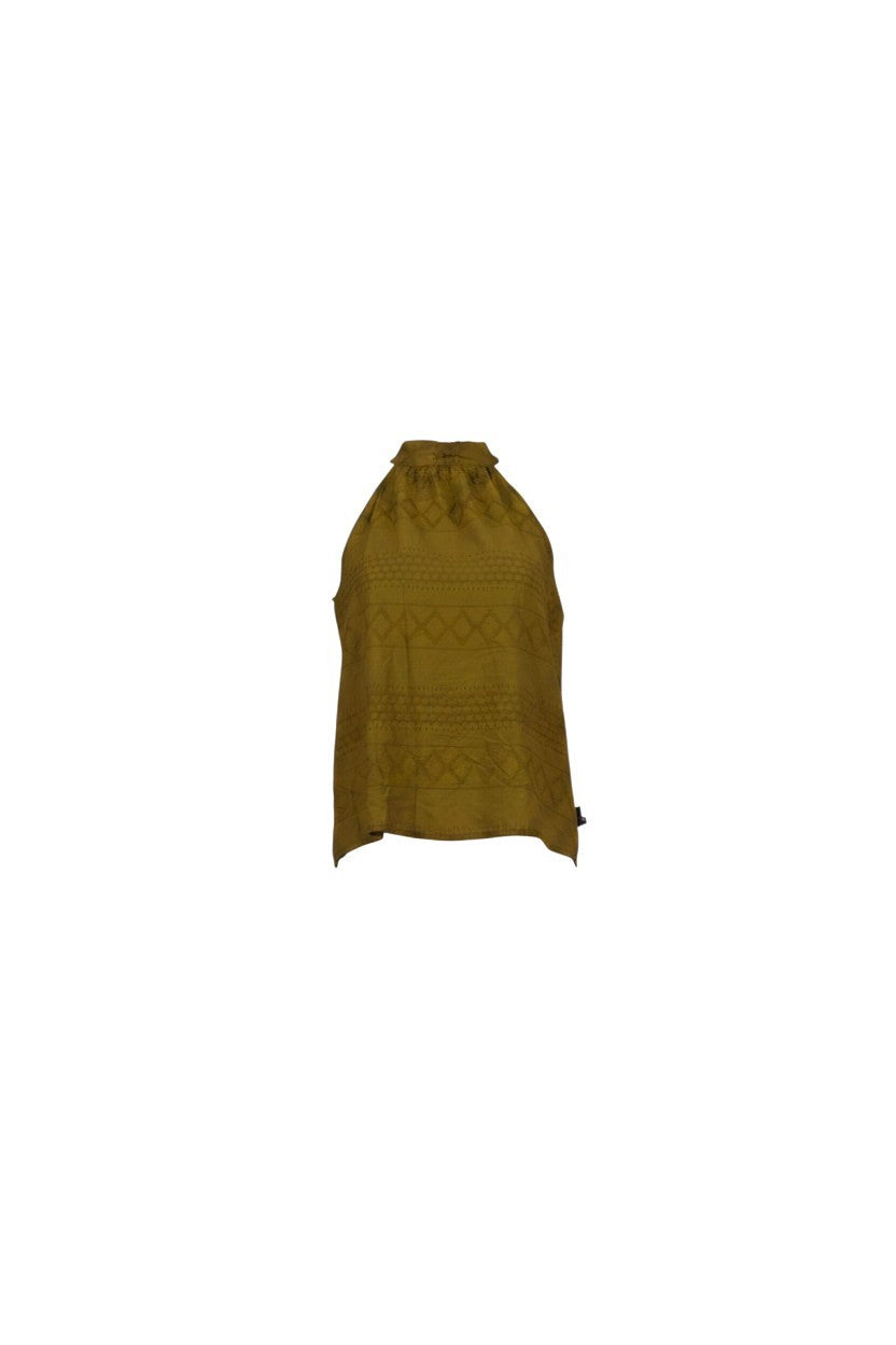 NAAMA ATHENS olive green sleeveless halter neck top with intricate geometric embroidery and tie-back detail.