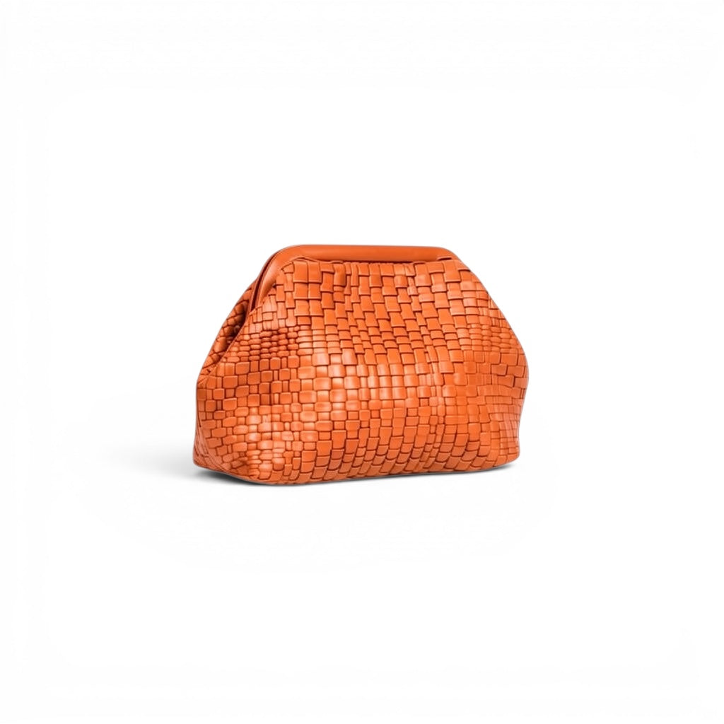 NAAMA ATHENS minimalist orange woven leather clutch bag with a structured frame closure for evening wear.