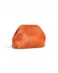 NAAMA ATHENS minimalist orange woven leather clutch bag with a structured frame closure for evening wear.