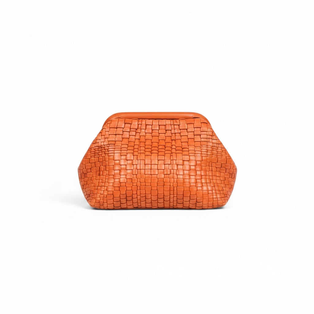NAAMA ATHENS minimalist orange woven leather clutch bag with a structured frame closure for evening or casual wear.
