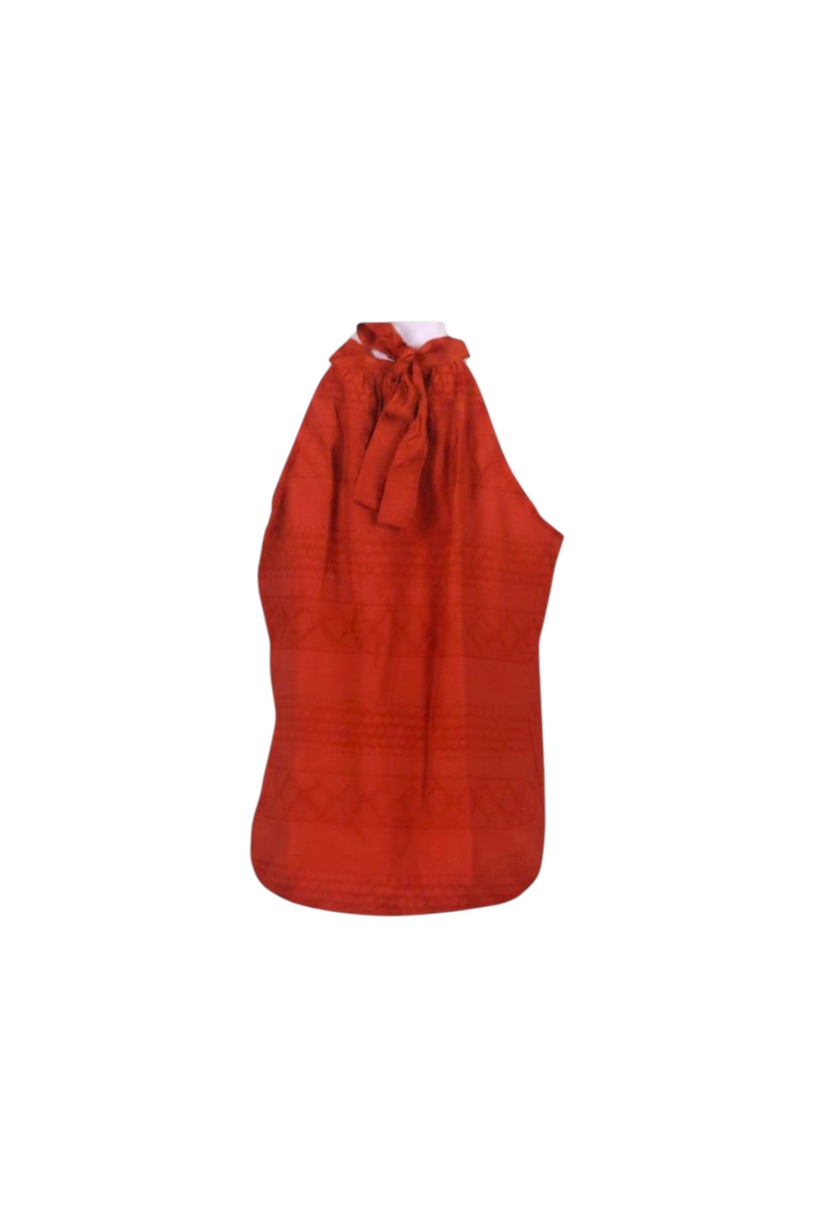 NAAMA ATHENS red sleeveless halter neck top with geometric embroidery and tie-back detail in lightweight fabric.