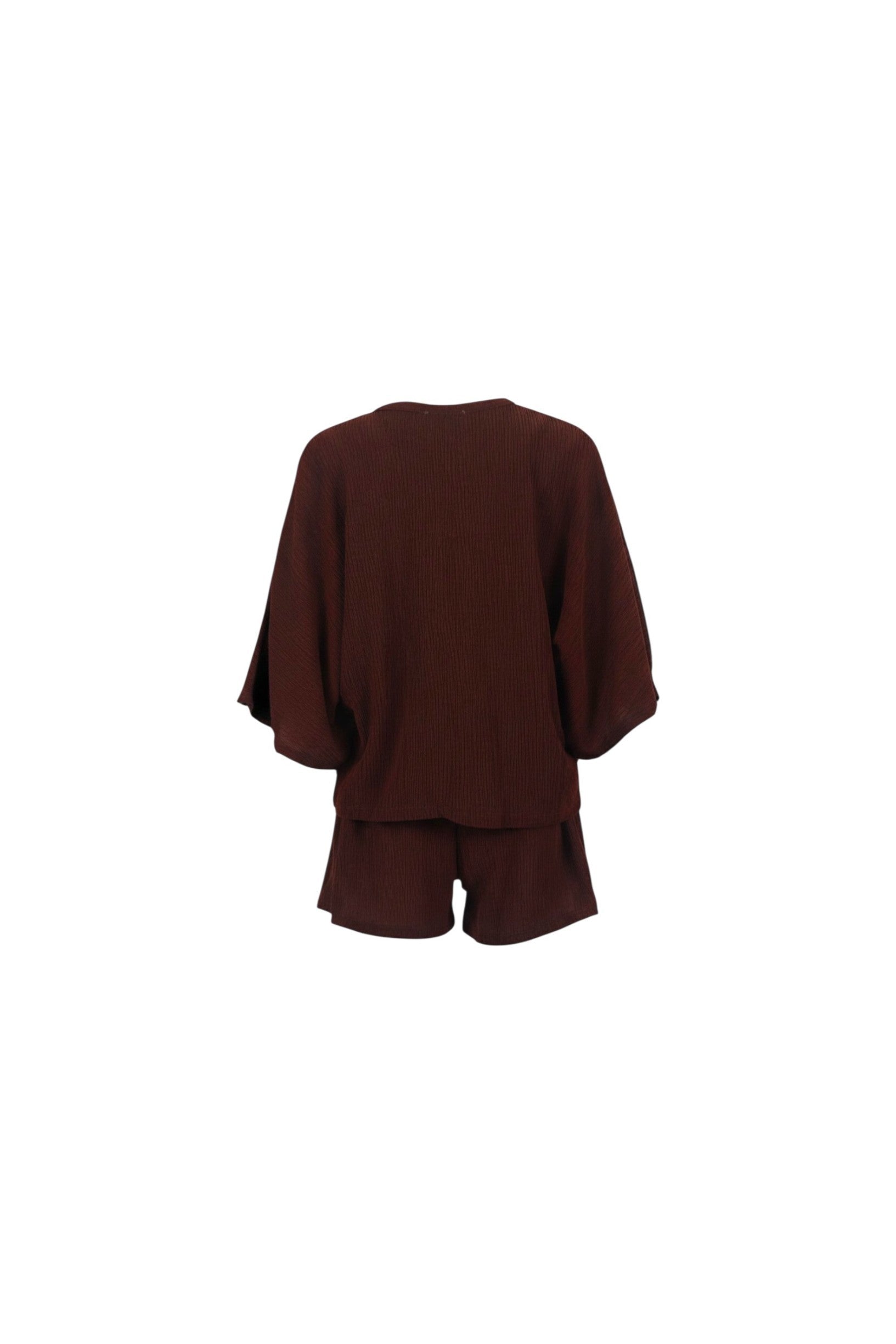 NAAMA ATHENS chocolate brown ribbed two-piece lounge set with kimono-style sleeves and matching shorts