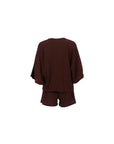NAAMA ATHENS chocolate brown ribbed two-piece lounge set with kimono-style sleeves and matching shorts