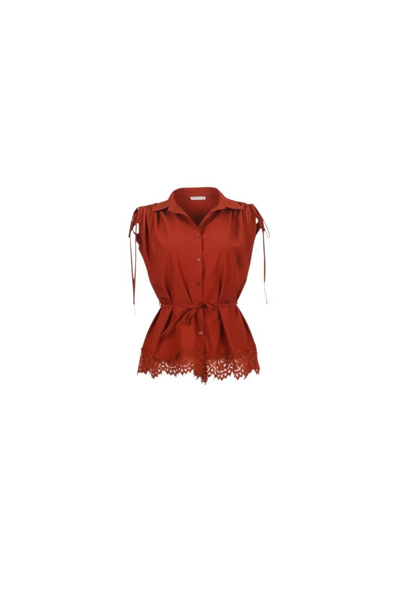 NAAMA ATHENS rust sleeveless button-down blouse with lace hem, collared neckline, and adjustable tie-waist belt.