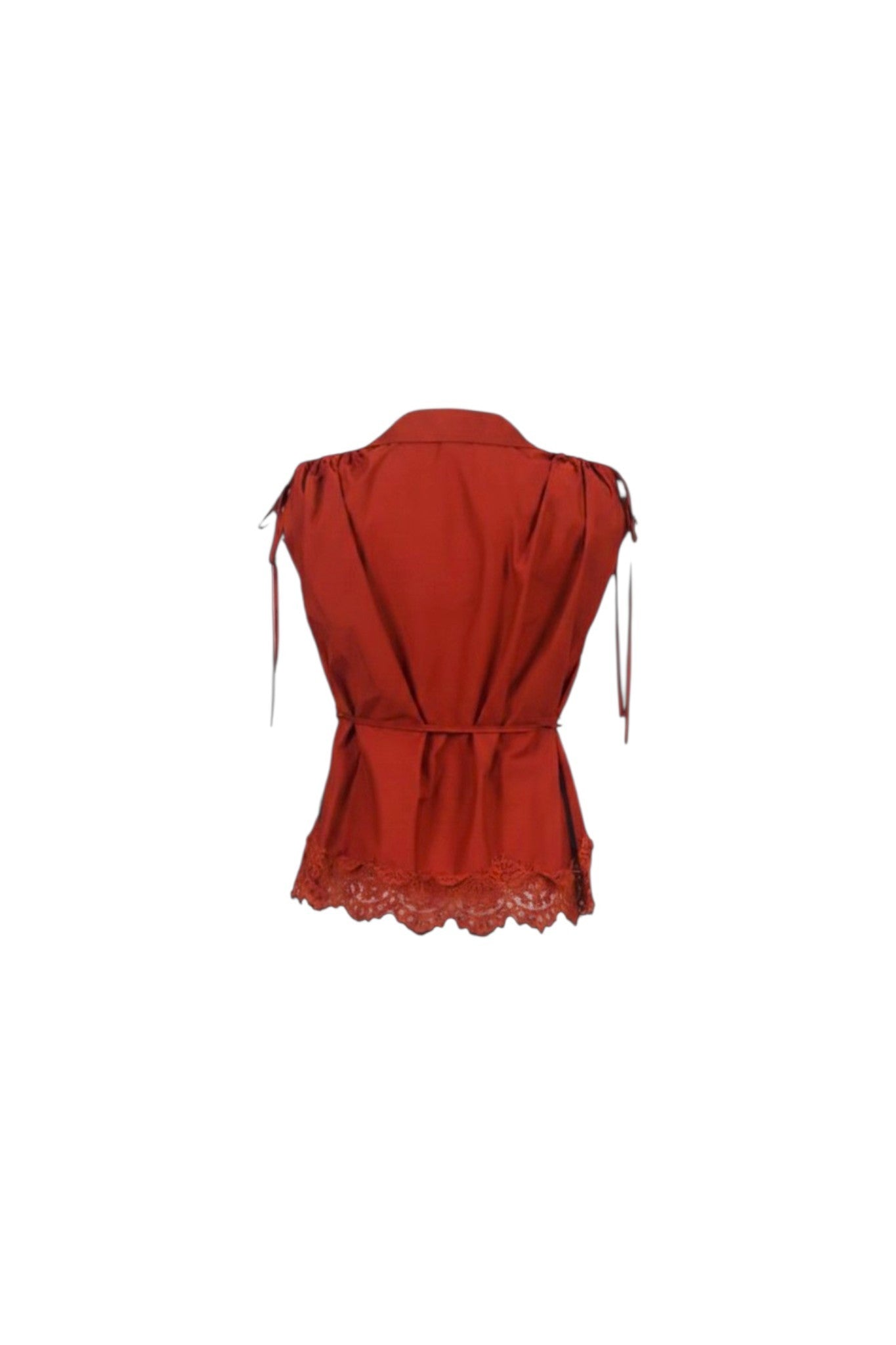 NAAMA ATHENS rust sleeveless button-down blouse with lace hem, tie-waist belt, and shoulder tie-string details.