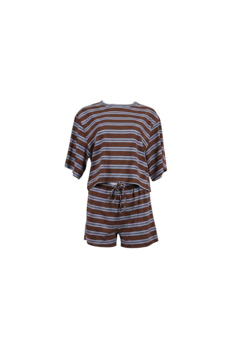 NAAMA ATHENS chocolate brown and blue striped lounge set with short-sleeved boxy top and drawstring shorts.