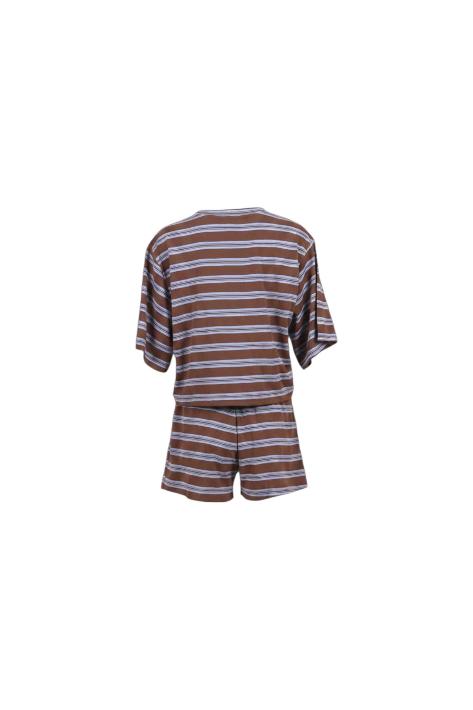 NAAMA ATHENS chocolate brown and blue striped lounge set with a boxy short-sleeve top and elasticated shorts.