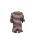 NAAMA ATHENS chocolate brown and blue striped lounge set with a boxy short-sleeve top and elasticated shorts.
