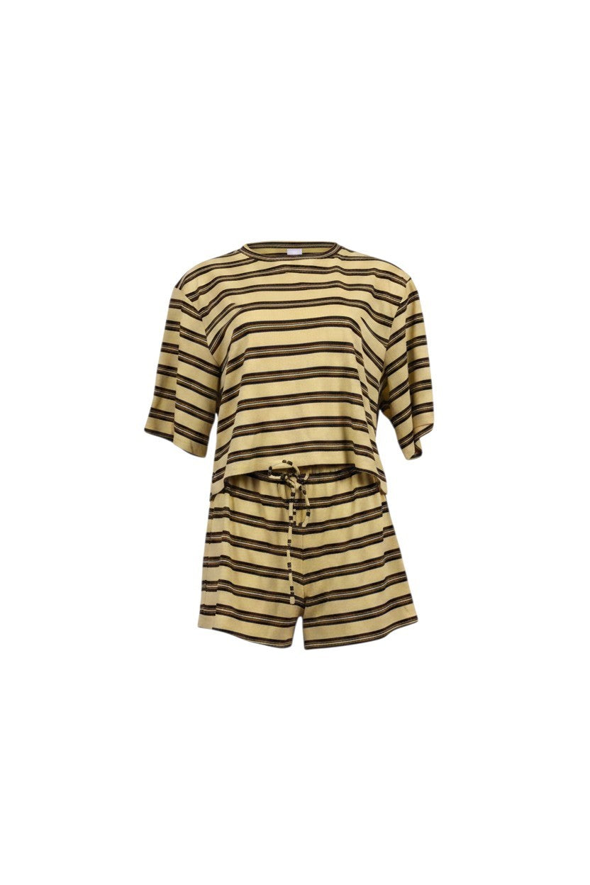 NAAMA ATHENS mustard yellow and dark brown striped lounge set with short sleeve top and drawstring shorts.
