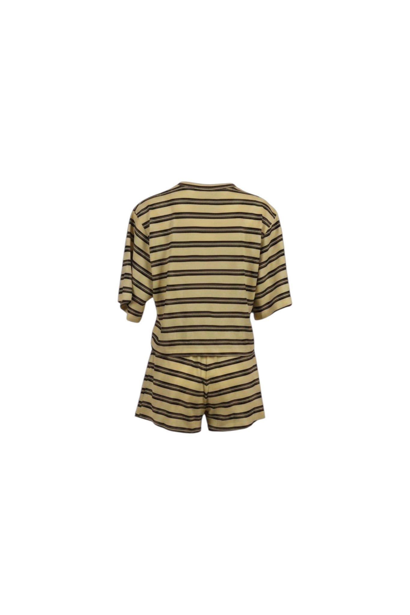 Back view of NAAMA ATHENS mustard yellow and dark brown striped lounge set with short sleeves and matching shorts.