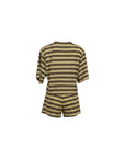 Back view of NAAMA ATHENS mustard yellow and dark brown striped lounge set with short sleeves and matching shorts.
