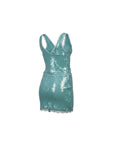 NAAMA ATHENS turquoise sequin mini dress with V-neckline and delicate lace trim detail, back view.