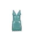 NAAMA ATHENS turquoise sequin mini dress with V-neckline, lace trim, and dainty bow detailing for party wear.